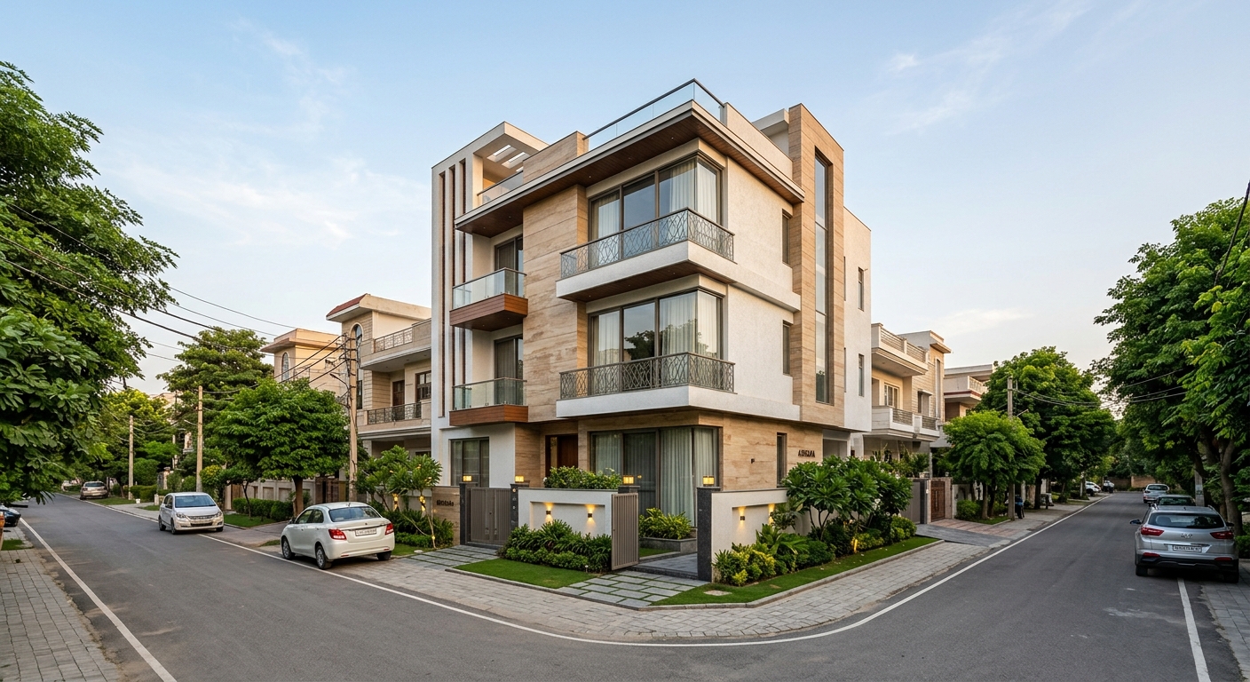 A well-maintained 3 BHK builder floor residential building in Sector 15A Faridabad with a clean facade, natural light, and a quiet residential street