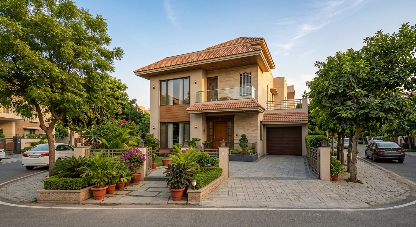 A well-maintained independent house with a small front courtyard in an established Faridabad residential sector