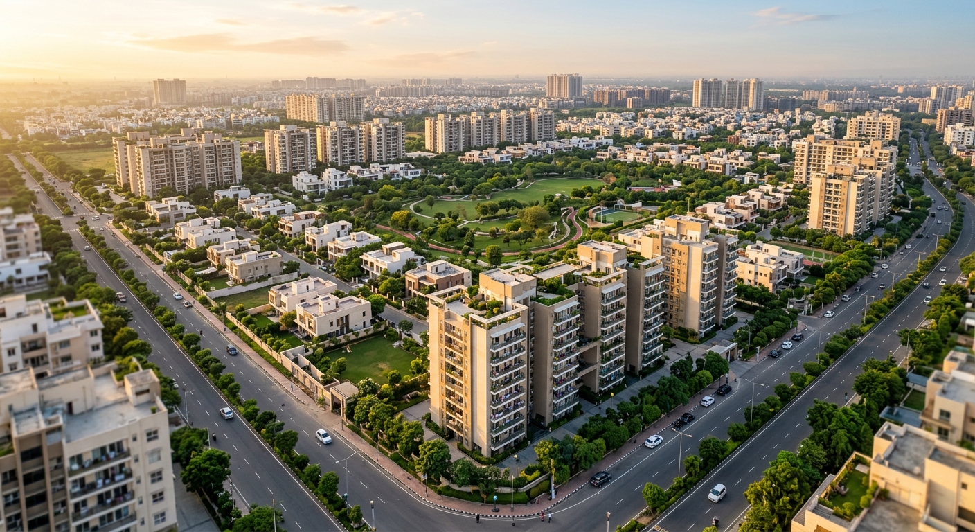 Aerial view of a modern residential neighbourhood in Faridabad with wide roads, green spaces, and contemporary apartment buildings at golden hour